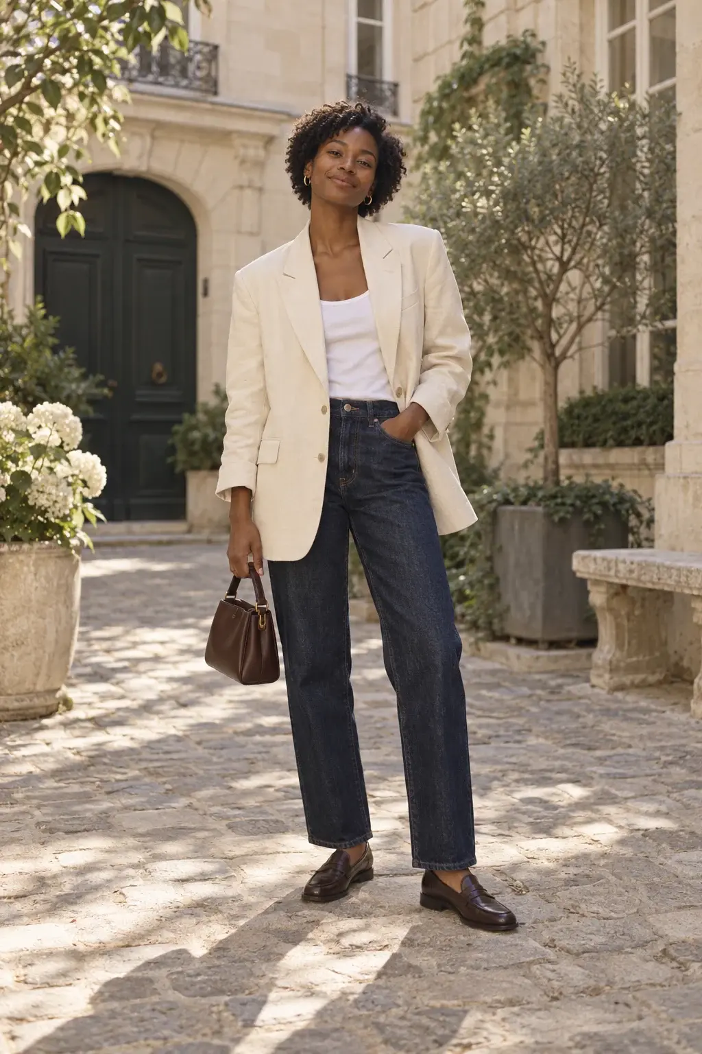 An ivory blazer styled with familiar dark jeans and brown loafers